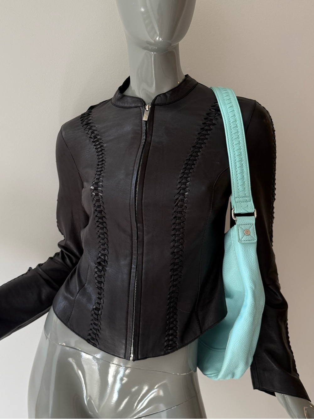 BEBE Braided Genuine Leather fitted jacket